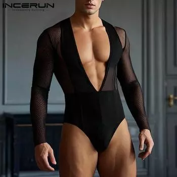 INCERUN Мужские прозрачные комбинезоны с длинными рукавами из сетчатой ткани в стиле пэчворк 4XL