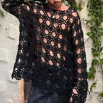 INCERUN Мужские прозрачные кружевные топы с длинными рукавами и полыми рукавами, связанные крючком