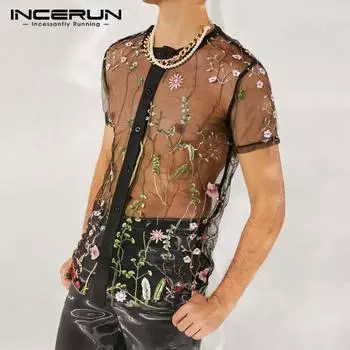 INCERUN Мужские прозрачные летние рубашки с вышивкой 3XL чёрный