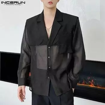 INCERUN Мужские прозрачные лоскутные пальто с лацканами и длинными рукавами, тонкий сетчатый блейзер 3XL чёрный