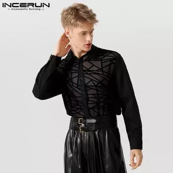 INCERUN мужские прозрачные повседневные рубашки на пуговицах с длинными рукавами, однотонные, дышащие