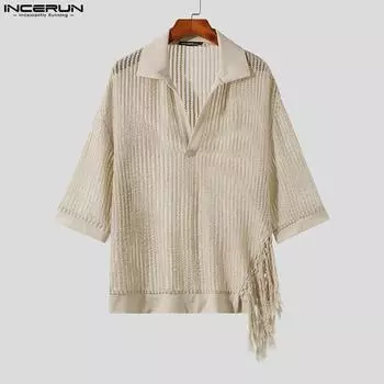 INCERUN Мужские прозрачные праздничные модные топы с короткими рукавами и кисточками M бежевый
