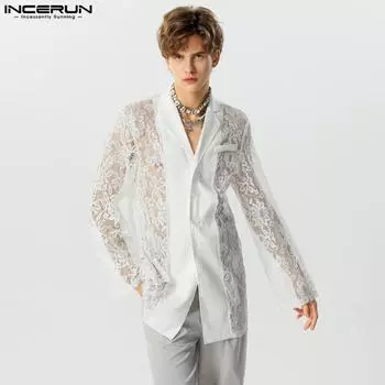 INCERUN мужские прозрачные прозрачные рубашки с длинным рукавом и кружевной сеткой, топы