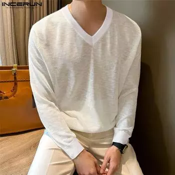 INCERUN Мужские прозрачные пуловеры с V-образным вырезом, повседневные майки с длинным рукавом, футболки 4XL чёрный