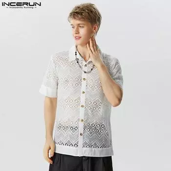 INCERUN мужские прозрачные рубашки на пуговицах с короткими рукавами, повседневные топы из кружевной сетки