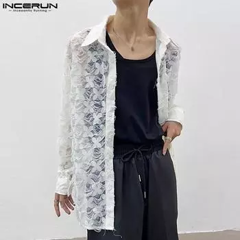 INCERUN Мужские прозрачные рубашки с длинным рукавом и пуговицами из кружевной сетки