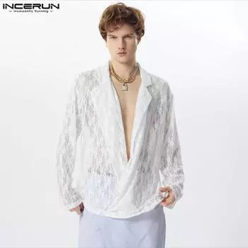 INCERUN Мужские прозрачные рубашки с глубоким V-образным вырезом и длинными рукавами, вязаные крючком