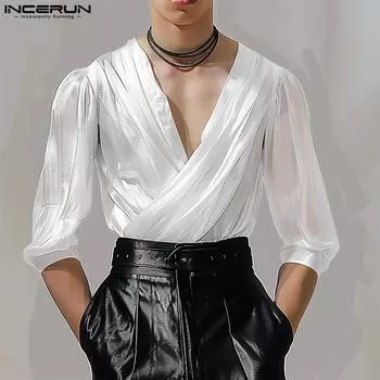 INCERUN мужские прозрачные рубашки с глубоким V-образным вырезом и рукавами 3/4, вечерние прозрачные топы 2XL фиолетовый