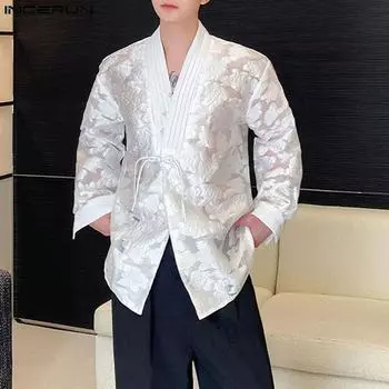 INCERUN мужские прозрачные рубашки с открытым передом и длинными рукавами, весенние топы с кружевом и цветочным принтом