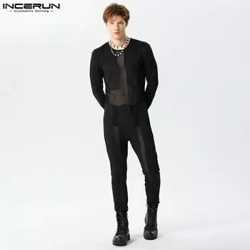INCERUN мужские прозрачные сетчатые боди с длинным рукавом в стиле пэчворк, комбинезоны на молнии