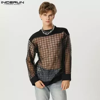 INCERUN мужские прозрачные сетчатые повседневные топы с длинными рукавами и застежкой-молнией