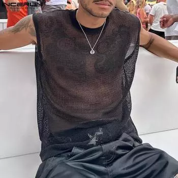 INCERUN мужские прозрачные сетчатые топы без рукавов с круглым вырезом S чёрный