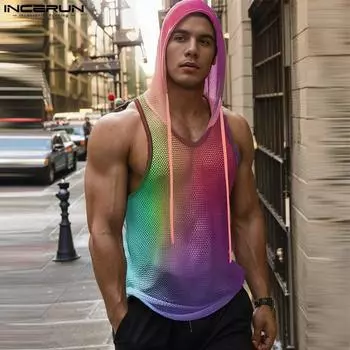 INCERUN Мужские прозрачные сетчатые топы без рукавов с капюшоном и градиентным эффектом 3XL фиолетовый