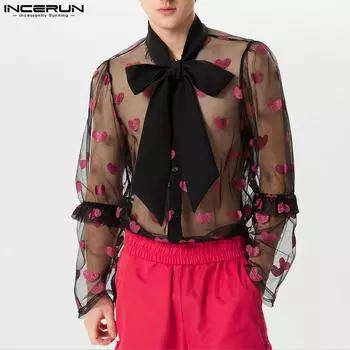 INCERUN мужские прозрачные сетчатые топы с бантом на шнуровке и принтом, клубная одежда для вечеринок XL чёрный