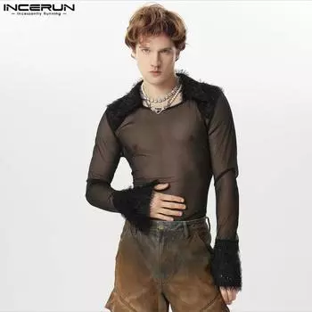 INCERUN Мужские прозрачные сетчатые топы с длинными рукавами и кисточками в стиле пэчворк 3XL чёрный