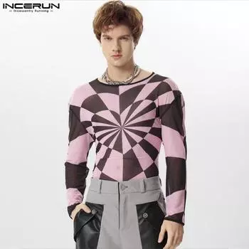 INCERUN Мужские прозрачные сетчатые топы с круглым вырезом и длинными рукавами с принтом