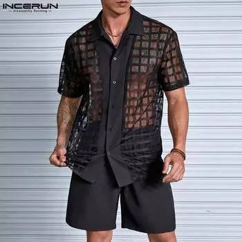 INCERUN Мужские прозрачные сетчатые топы в клетку с короткими рукавами