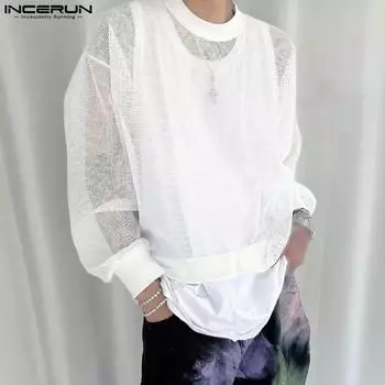 INCERUN Мужские прозрачные свободные сетчатые рубашки с длинными рукавами