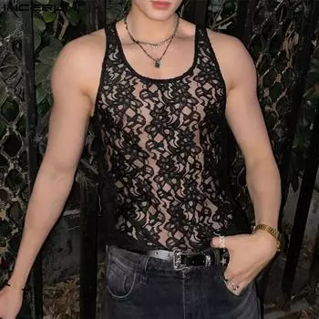 INCERUN Мужские прозрачные топы без рукавов с кружевной сеткой для вечеринок и клуба S