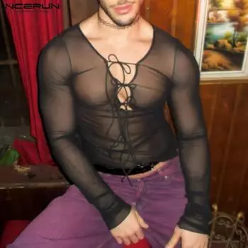 INCERUN мужские прозрачные топы на шнуровке с длинными рукавами, сетчатые рубашки в сетку 2XL чёрный