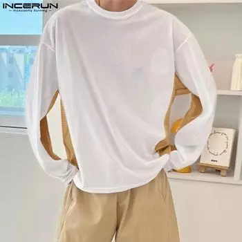 INCERUN Мужские прозрачные топы с длинным рукавом и круглым вырезом из сетчатой пряжи в стиле пэчворк, сетчатые рубашки S чёрный