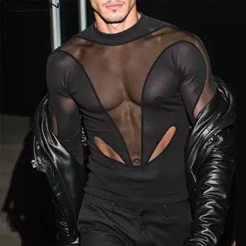 INCERUN Мужские прозрачные топы с длинным рукавом и строчкой, сетчатые футболки для вечеринок XL