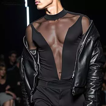 INCERUN Мужские прозрачные топы с длинным рукавом, сетчатые прозрачные футболки в стиле пэчворк для вечеринок S