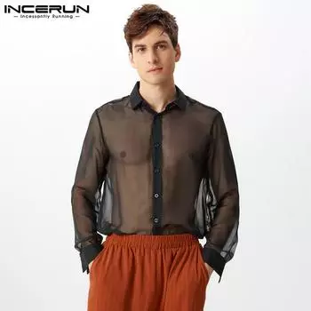 INCERUN Мужские прозрачные топы с длинным рукавом и лацканами для вечеринок и ночных клубов S чёрный
