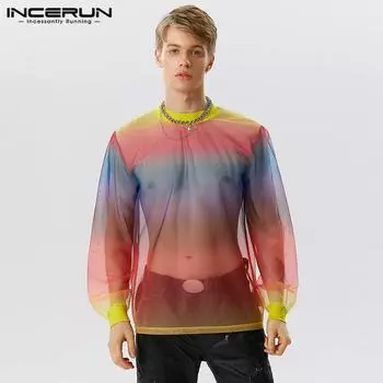 INCERUN Мужские прозрачные топы с длинными рукавами