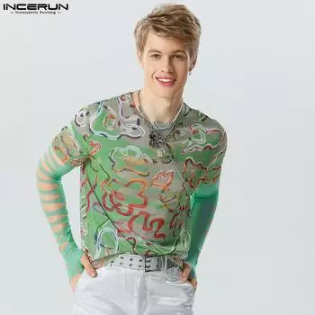 INCERUN Мужские прозрачные топы с длинными рукавами и принтом