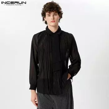 INCERUN Мужские прозрачные топы с длинными рукавами и пуговицами на шнуровке и шее L чёрный