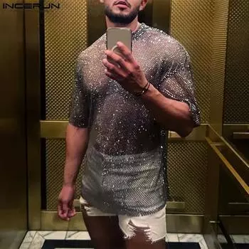 INCERUN Мужские прозрачные топы с коротким рукавом и круглым вырезом из сетки M