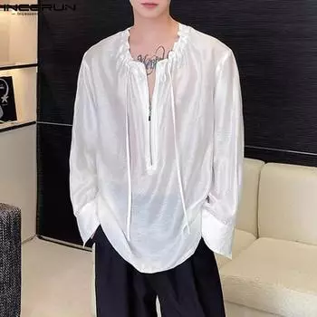 INCERUN мужские прозрачные топы с круглым вырезом и длинными рукавами, повседневные рубашки на молнии S чёрный