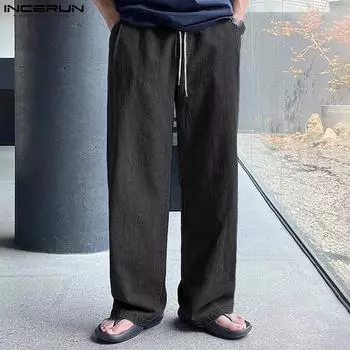 INCERUN Мужские прямые брюки с эластичной резинкой на талии, повседневные длинные брюки с карманами S чёрный