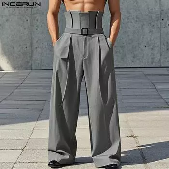 INCERUN Мужские прямые брюки с высокой талией на молнии, однотонные повседневные свободные длинные брюки 4XL