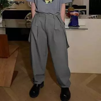 INCERUN Мужские прямые однотонные повседневные брюки на подтяжках L серый