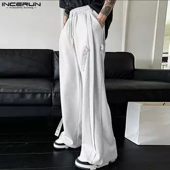 INCERUN Мужские прямые повседневные свободные длинные брюки с эластичной резинкой на талии
