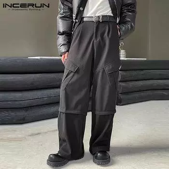 INCERUN Мужские прямые широкие брюки-карго с застежкой-молнией