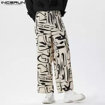 INCERUN Мужские прямые свободные длинные брюки на молнии на талии с принтом XL бежевый
