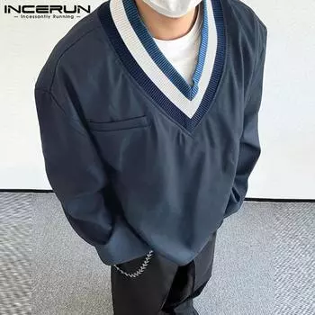 INCERUN Мужские пуловеры с длинным рукавом, повседневные свободные топы с V-образным вырезом M темно-зеленого