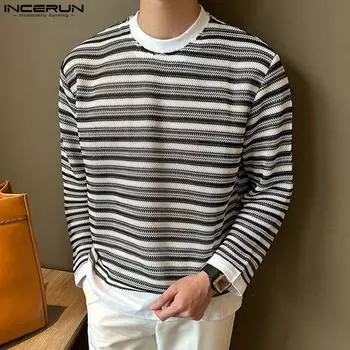 INCERUN Мужские пуловеры с длинными рукавами и круглым вырезом в полоску