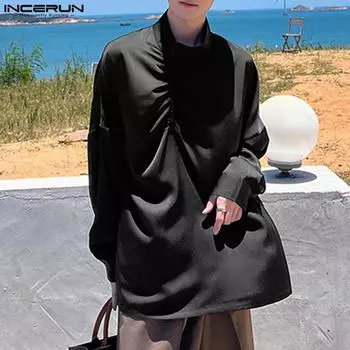 INCERUN Мужские пуловеры с длинными рукавами и оборками, длинные рубашки