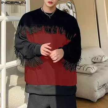 INCERUN Мужские пуловеры с круглым вырезом и длинным рукавом, осенние топы с кисточками XL чёрный
