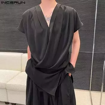 INCERUN мужские пуловеры с v-образным вырезом и короткими рукавами, летняя туника, футболки нестандартной формы