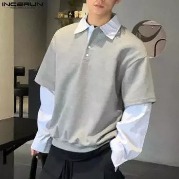 INCERUN Мужские пуловеры с воротником-лацканом и длинным рукавом в стиле пэчворк Осенние повседневные топы с вышивкой XL серый