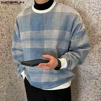 INCERUN мужские пуловеры в клетку с длинными рукавами и круглым вырезом, толстовки