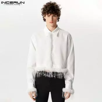 INCERUN Мужские пушистые лоскутные весенние топы с воротником с лацканами и длинными рукавами