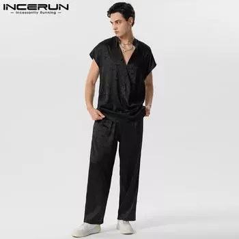 INCERUN мужские рубашки без рукавов + длинные брюки с цветочным принтом, удобный повседневный костюм, черный комплект
