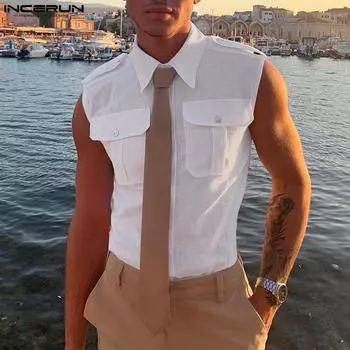 INCERUN мужские рубашки без рукавов с воротником с лацканами, майки
