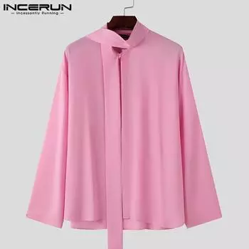 INCERUN Мужские рубашки с завязкой на шее, повседневные нестандартные топы с длинным рукавом 3XL белый